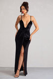 Miranda Black Velvet Plunge Neck Twist Maxi Dress
