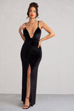 Miranda Black Velvet Plunge Neck Twist Maxi Dress