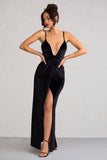 Miranda Black Velvet Plunge Neck Twist Maxi Dress