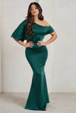 Sabrina Bottle Green Asymmetric Off The Shoulder Satin Maxi Dress