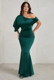 Sabrina Bottle Green Asymmetric Off The Shoulder Satin Maxi Dress