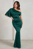 Sabrina Bottle Green Asymmetric Off The Shoulder Satin Maxi Dress