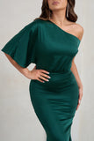 Sabrina Bottle Green Asymmetric Off The Shoulder Satin Maxi Dress