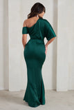 Sabrina Bottle Green Asymmetric Off The Shoulder Satin Maxi Dress