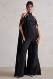 Angel Black High Neck Jumpsuit with Cold Shoulder Cape Sleeves