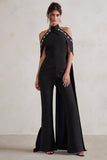 Angel Black High Neck Jumpsuit with Cold Shoulder Cape Sleeves