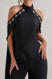 Angel Black High Neck Jumpsuit with Cold Shoulder Cape Sleeves