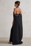 Angel Black High Neck Jumpsuit with Cold Shoulder Cape Sleeves