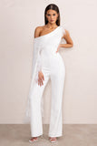 Cindy White One-Shoulder Cape Jumpsuit with Feather Trim