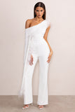 Cindy White One-Shoulder Cape Jumpsuit with Feather Trim