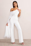 Cindy White One-Shoulder Cape Jumpsuit with Feather Trim