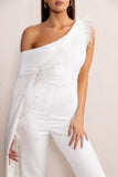 Cindy White One-Shoulder Cape Jumpsuit with Feather Trim