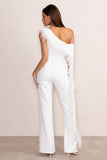 Cindy White One-Shoulder Cape Jumpsuit with Feather Trim