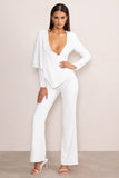 Erika White Plunge Jumpsuit with One-Shoulder Cape Overlay