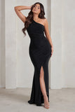 Lilou Black One Shoulder Wrap Skirt Maxi Dress