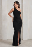 Lilou Black One Shoulder Wrap Skirt Maxi Dress
