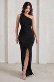 Lilou Black One Shoulder Wrap Skirt Maxi Dress