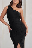 Lilou Black One Shoulder Wrap Skirt Maxi Dress