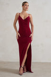Jeanne Berry Red Plunge Ruched Cami Maxi Dress With Split