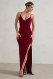 Jeanne Berry Red Plunge Ruched Cami Maxi Dress With Split