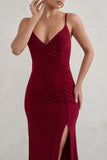 Jeanne Berry Red Plunge Ruched Cami Maxi Dress With Split