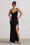 Jeanne Black Plunge Ruched Cami Maxi Dress With Split