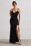 Jeanne Black Plunge Ruched Cami Maxi Dress With Split