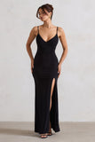 Jeanne Black Plunge Ruched Cami Maxi Dress With Split