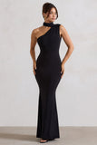 Capucine Black One Shoulder Draped Maxi Dress