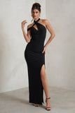 Clementine Black Asymmetric Neckline Maxi Dress With Thigh Split