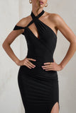 Clementine Black Asymmetric Neckline Maxi Dress With Thigh Split