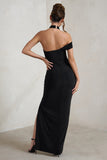 Clementine Black Asymmetric Neckline Maxi Dress With Thigh Split