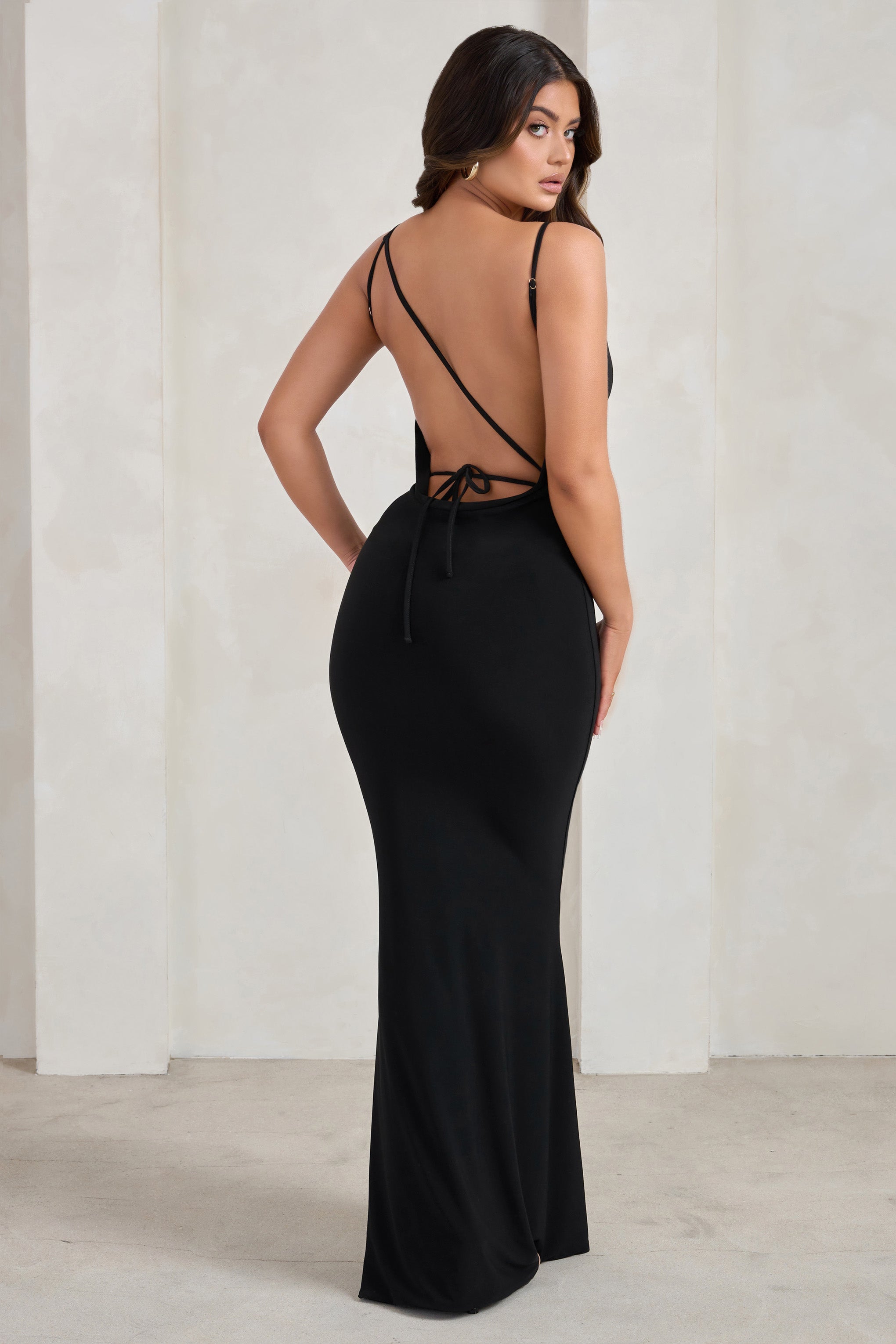 Corinne Black Asymmetric Cowl Neck Backless Maxi Dress