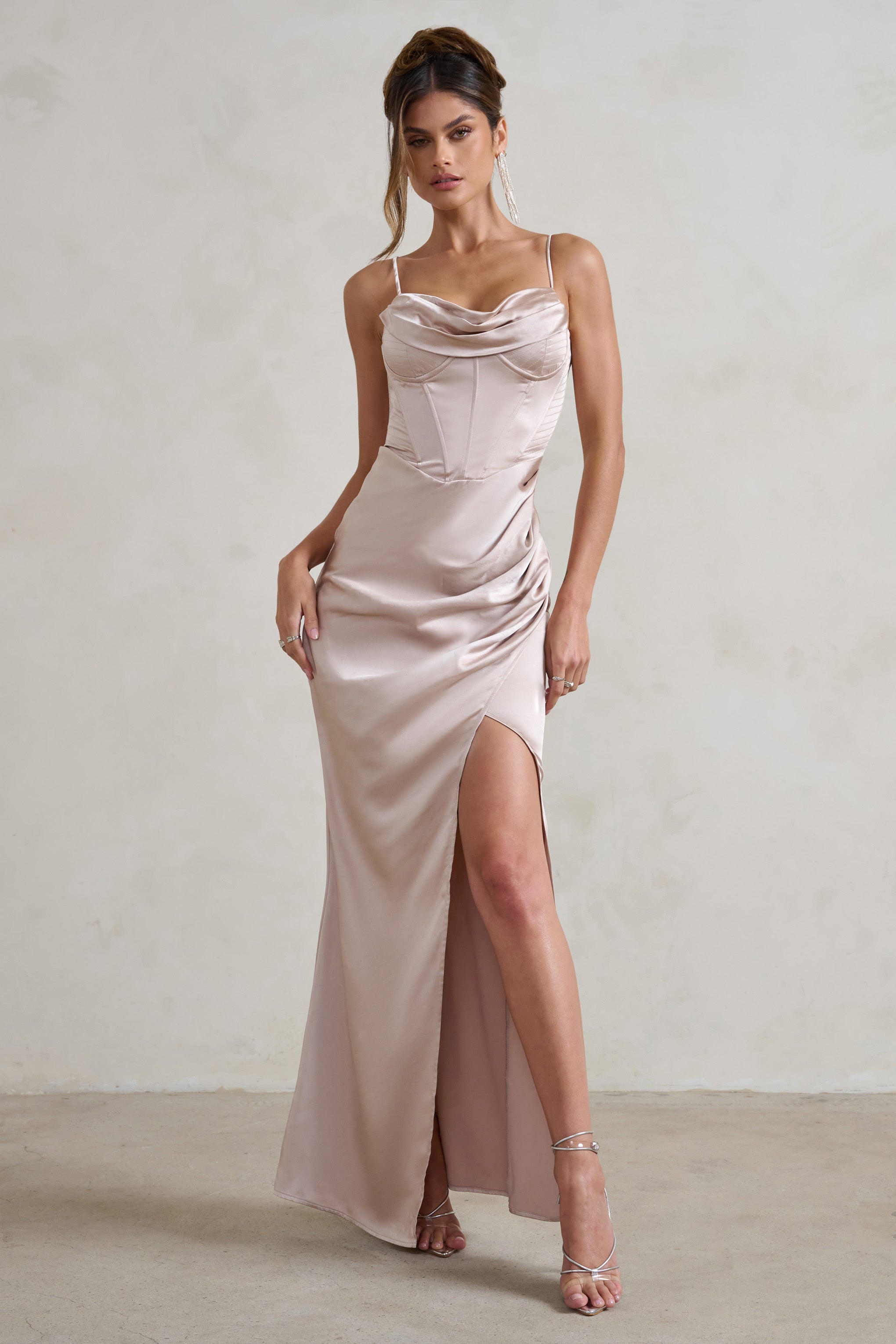 Starlight Champagne Cowl Corset Satin Wrap Maxi Dress