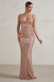Seeing Stars Champagne Cowl Cami Sequin Maxi Dress With Waist Tie
