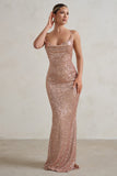 Seeing Stars Champagne Cowl Cami Sequin Maxi Dress With Waist Tie
