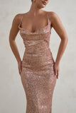 Seeing Stars Champagne Cowl Cami Sequin Maxi Dress With Waist Tie