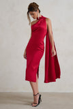 Madame Berry Red Satin Asymmetric Scarf Neck Backless Midi Dress