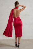 Madame Berry Red Satin Asymmetric Scarf Neck Backless Midi Dress