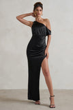 Select Black Asymmetrical Extreme Split Satin Maxi Dress
