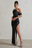 Select Black Asymmetrical Extreme Split Satin Maxi Dress
