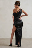 Select Black Asymmetrical Extreme Split Satin Maxi Dress