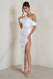 Select White Asymmetrical Extreme Split Satin Maxi Dress