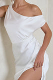Select White Asymmetrical Extreme Split Satin Maxi Dress
