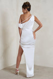 Select White Asymmetrical Extreme Split Satin Maxi Dress