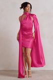 Laurelie Hot Pink Satin Statement Cape Design Mini Dress