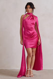 Laurelie Hot Pink Satin Statement Cape Design Mini Dress