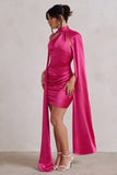 Laurelie Hot Pink Satin Statement Cape Design Mini Dress
