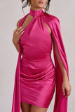 Laurelie Hot Pink Satin Statement Cape Design Mini Dress