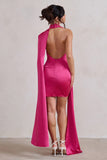 Laurelie Hot Pink Satin Statement Cape Design Mini Dress
